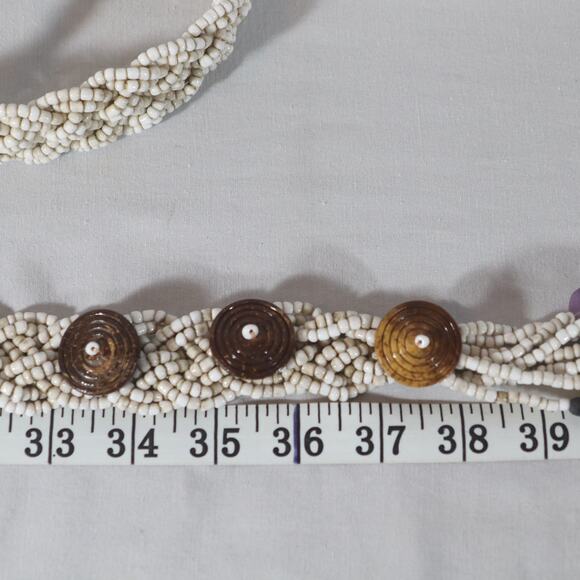 Vintage Belt Braided Strands Of Beige Brown Glass Beads Button Toggle Tassel - Picture 10 of 11